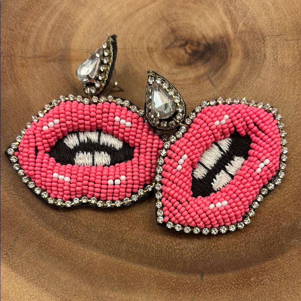 Playful Pink and Black Earrings with Unique Lip Design rhinestoneS